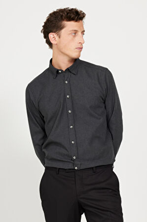 Erkek Antrasit Slim Fit Dar Kesim Düğmeli Yaka Flanel Oduncu Gömlek