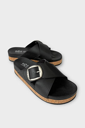 Kadın Günlük Terlik Kalın Taban Tokalı Çapraz Rahat Şık Yazlık Ev Plaj Tatil Terliği SİYAH