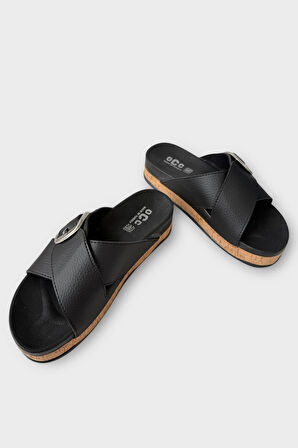 Kadın Günlük Terlik Kalın Taban Tokalı Çapraz Rahat Şık Yazlık Ev Plaj Tatil Terliği SİYAH