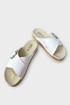 Kadın Günlük Terlik Kalın Taban Tokalı Çapraz Rahat Şık Yazlık Ev Plaj Tatil Terliği BEYAZ