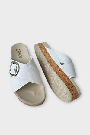 Kadın Günlük Terlik Kalın Taban Tokalı Çapraz Rahat Şık Yazlık Ev Plaj Tatil Terliği BEYAZ