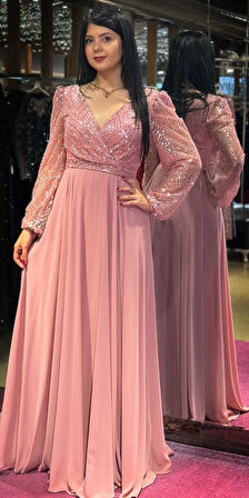Pembe Uzun Kollu Kloş Etekli Şifon Uzun Abiye Elbise 7500