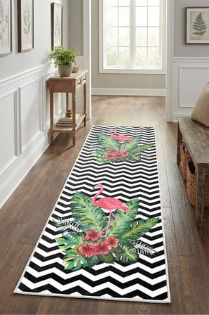 Zigzag Flamingo2 Göbek Modern Dijital Baskı Yıkanabilir Kaymaz Yolluk Halı Siyah