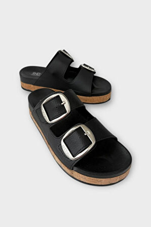 Kadın Günlük Terlik Kalın Taban Tokalı Çift Bantlı Rahat Şık Yazlık Ev Plaj Tatil Terliği SİYAH