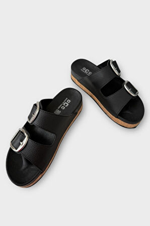 Kadın Günlük Terlik Kalın Taban Tokalı Çift Bantlı Rahat Şık Yazlık Ev Plaj Tatil Terliği SİYAH