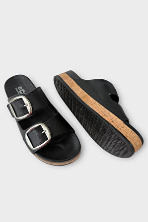 Kadın Günlük Terlik Kalın Taban Tokalı Çift Bantlı Rahat Şık Yazlık Ev Plaj Tatil Terliği SİYAH