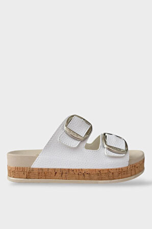 Kadın Günlük Terlik Kalın Taban Tokalı Çift Bantlı Rahat Şık Yazlık Ev Plaj Tatil Terliği BEYAZ