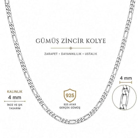 925 Ayar Gümüş 50 cm 120 Mikron Figaro Gümüş Erkek Zincir Kolye