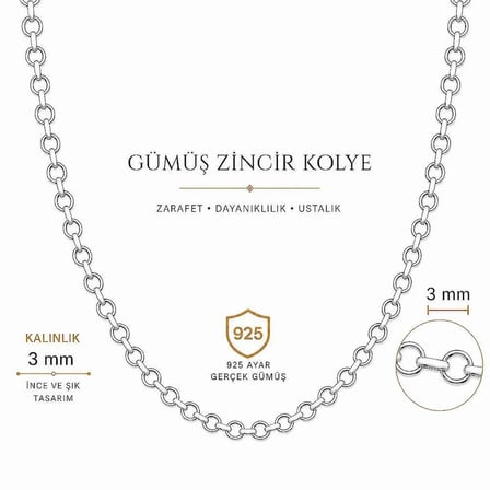 925 Ayar Gümüş 50cm 80 Mikron Doç Erkek Zincir Kolye