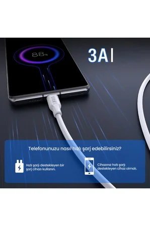 CAB251 3A Type-C Data ve Şarj Kablosu - 1 Metre - Hızlı Şarj - Beyaz