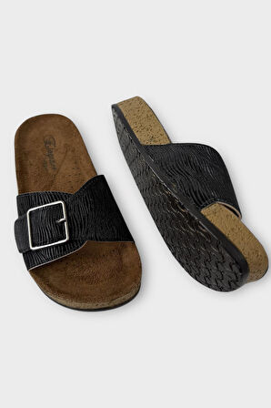 Kadın Günlük Terlik Ayarlanabililr Tokalı Şık Ortopedik Yazlık Ev Plaj Tatil Terliği SİYAH