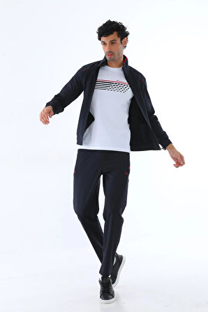 Erkek Iki Iplik Dalgıç Kumaş Fermuarlı Lacivert-kırmızı Spor Eşofman Takımı - 7506