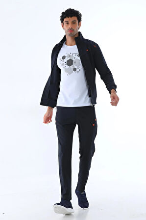 Erkek Iki Iplik Dalgıç Kumaş Fermuarlı Lacivert-turuncu Spor Eşofman Takımı - 7506