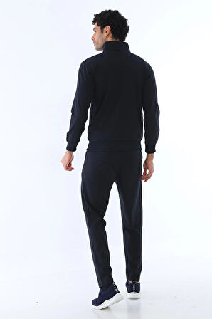 Erkek Iki Iplik Dalgıç Kumaş Fermuarlı Lacivert-turuncu Spor Eşofman Takımı - 7506