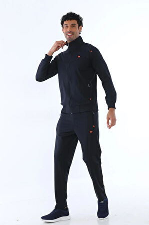 Erkek Iki Iplik Dalgıç Kumaş Fermuarlı Lacivert-turuncu Spor Eşofman Takımı - 7506