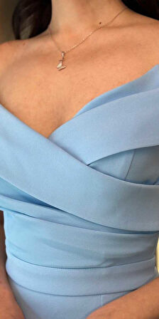 Mavi Yırtmaçlı Balık Etekli Krep Uzun Abiye Elbise 7507
