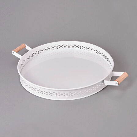 Ahşap Saplı Metal Village Tepsi - 38 cm