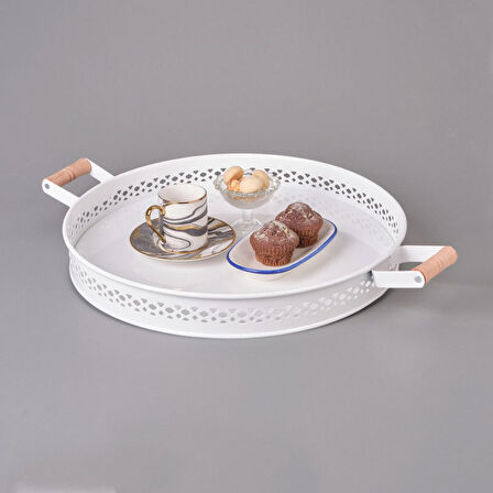 Ahşap Saplı Metal Village Tepsi - 38 cm