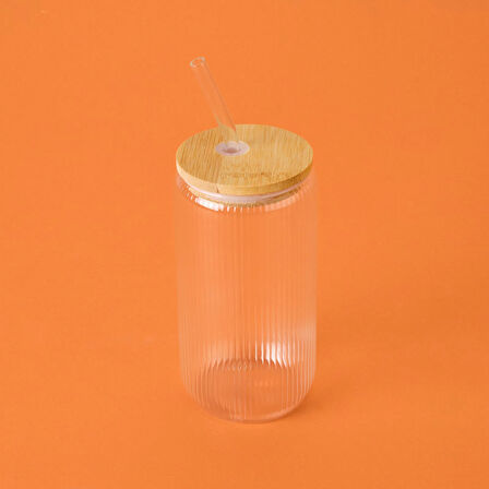 Bambu Kapaklı Pipetli Bardak - Şeffaf