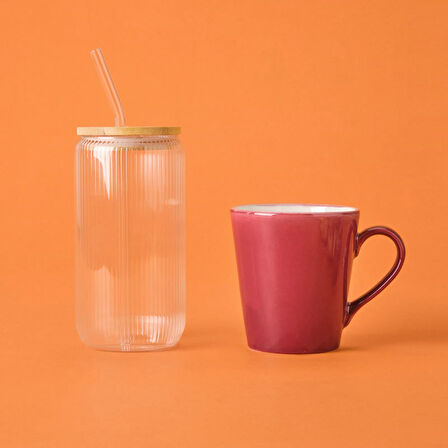 Bambu Kapaklı Pipetli Bardak - Şeffaf