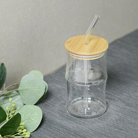 Bambu Kapaklı Pipetli Bardak - Açık Kahverengi / Şeffaf - 350 ml