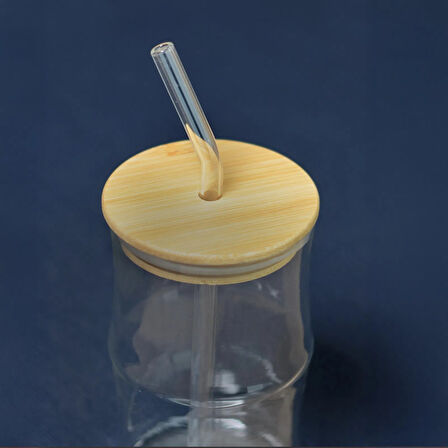 Bambu Kapaklı Pipetli Bardak - Açık Kahverengi / Şeffaf - 350 ml