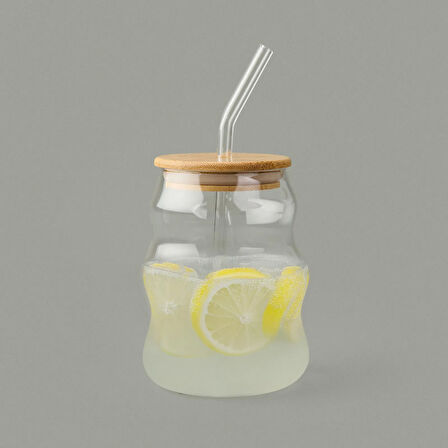 Bambu Kapaklı Pipetli Bardak - Açık Kahverengi / Şeffaf - 450 ml