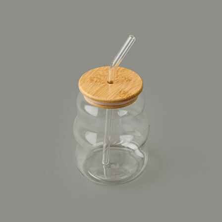 Bambu Kapaklı Pipetli Bardak - Açık Kahverengi / Şeffaf - 450 ml