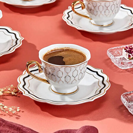Valeria 6'lı Kahve Fincanı - Beyaz / Sarı
