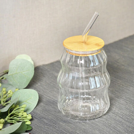 Bambu Kapaklı Pipetli Çizgili Bardak - Açık Kahverengi / Şeffaf - 450 ml