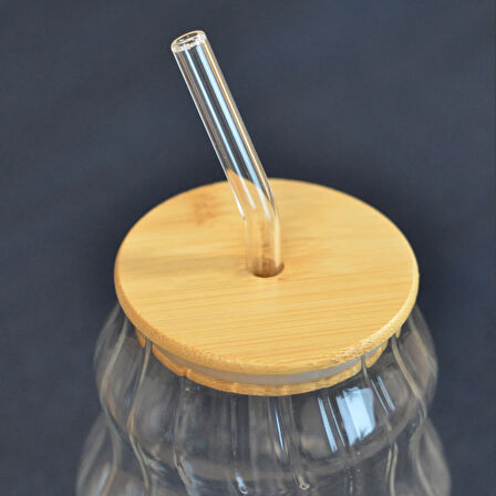 Bambu Kapaklı Pipetli Çizgili Bardak - Açık Kahverengi / Şeffaf - 450 ml