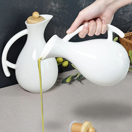 Fiona Bambu Kapaklı Porselen Yağlık - Beyaz - 1 lt