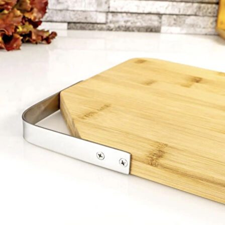 Zoe Paslanmaz Çelik Kulplu Dikdörtgen Kesme Tahtası - Açık Kahverengi - 38 cm