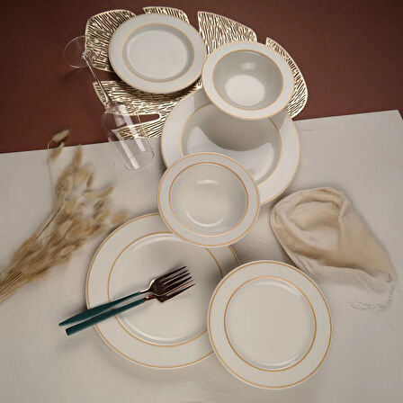 Altın File Bonsai 18 Parça Yemek Seti - Ekru