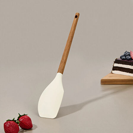 Akasya Saplı Silikon Servis Spatulası - Kahverengi / Krem