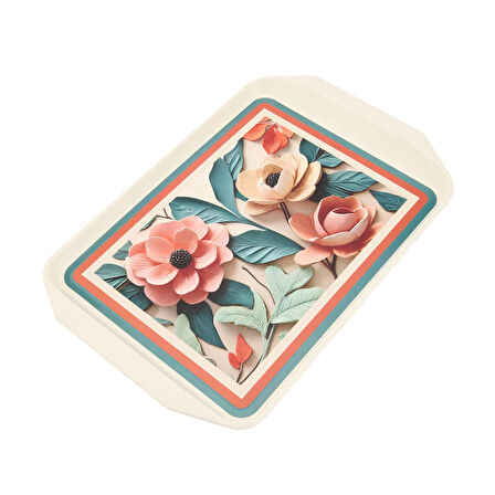 Çiçek Desenli Tepsi - Renkli - 44x30,5 cm