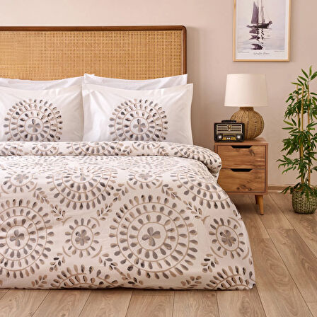 Soft Butas Çift Kişilik Nevresim Takımı - Ekru / Gri