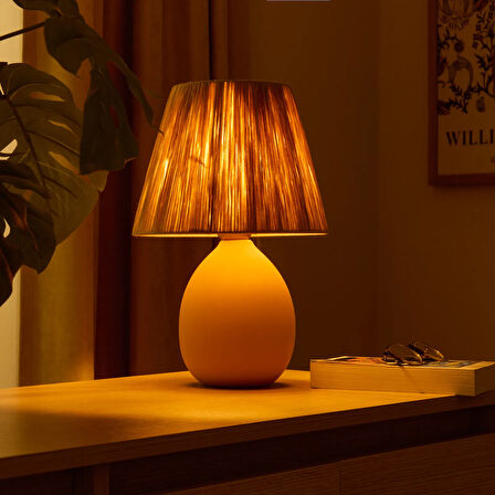 Design Rond Seramik Abajur - Hardal / Sarı - 37x24x24 cm