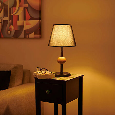 Light Ahşap Detaylı Metal Abajur - Siyah - 43x25x25 cm