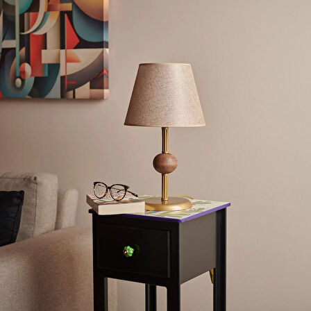 Light Ahşap Detaylı Metal Abajur - Eskitme - 43x25x25 cm