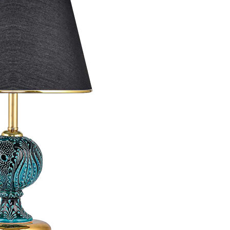 Light Sardes Çini Detaylı Seramik Abajur - Siyah Şapka / Gold Ayak