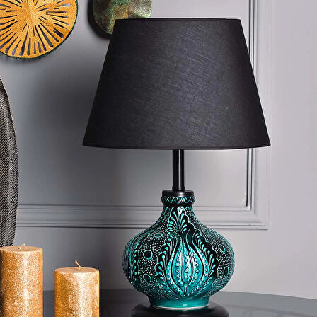 Light Patara Çini Detaylı Seramik Abajur - Siyah / Turkuaz