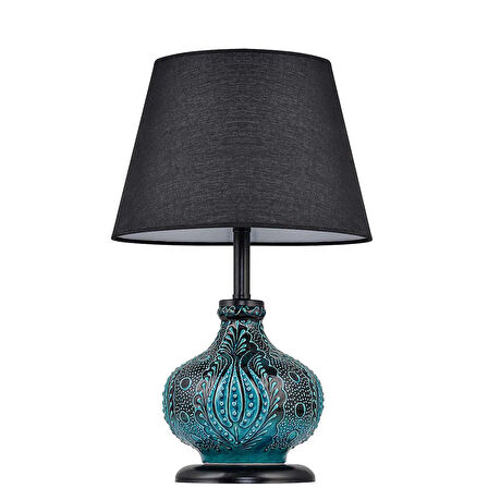 Light Patara Çini Detaylı Seramik Abajur - Siyah / Turkuaz