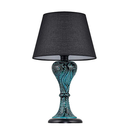 Light Gordion Çini Detaylı Seramik Abajur - Siyah Şapka / Siyah Ayak