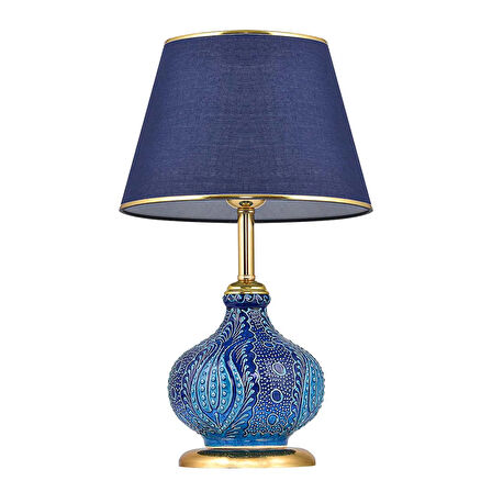 Light Patara Çini Detaylı Seramik Abajur - Mavi Şapka / Gold Ayak