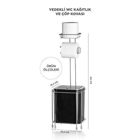 Yedekli Wc Kağıtlığı ve Kare Çöp Kovası Seti - Siyah / Krom