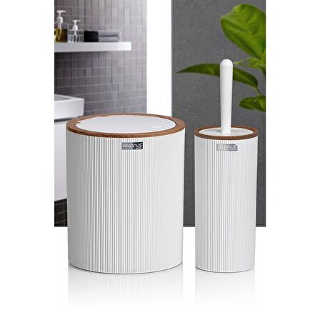 Home Ahşap Desenli Çizgili Yuvarlak 2'li Banyo Aksesuar Seti - Beyaz