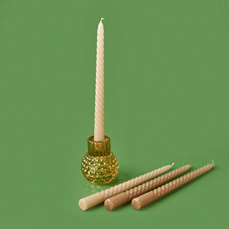 4'lü Burgulu Parlak Şamdan Mumu - Kahverengi / Bej - 25 cm