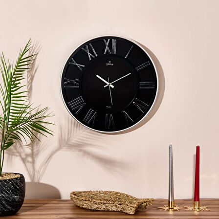 Exclusive Roma Rakam Duvar Saati - Gümüş / Siyah - 43 cm