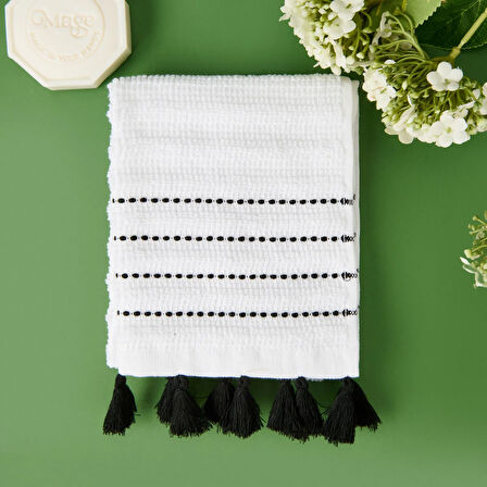 Soft Püsküllü El Havlusu - Beyaz / Siyah - 30x50 cm